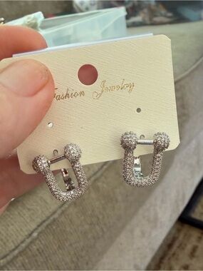 Fashion Jewelry Silver Pavé U-Loop Earrings, NEW, Fashion jewelry